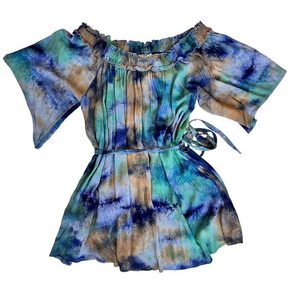 NEW Off Shoulder Tie Dye Dress Women Medium Tunic Blue Green Bell Sleeve Country - Picture 1 of 16